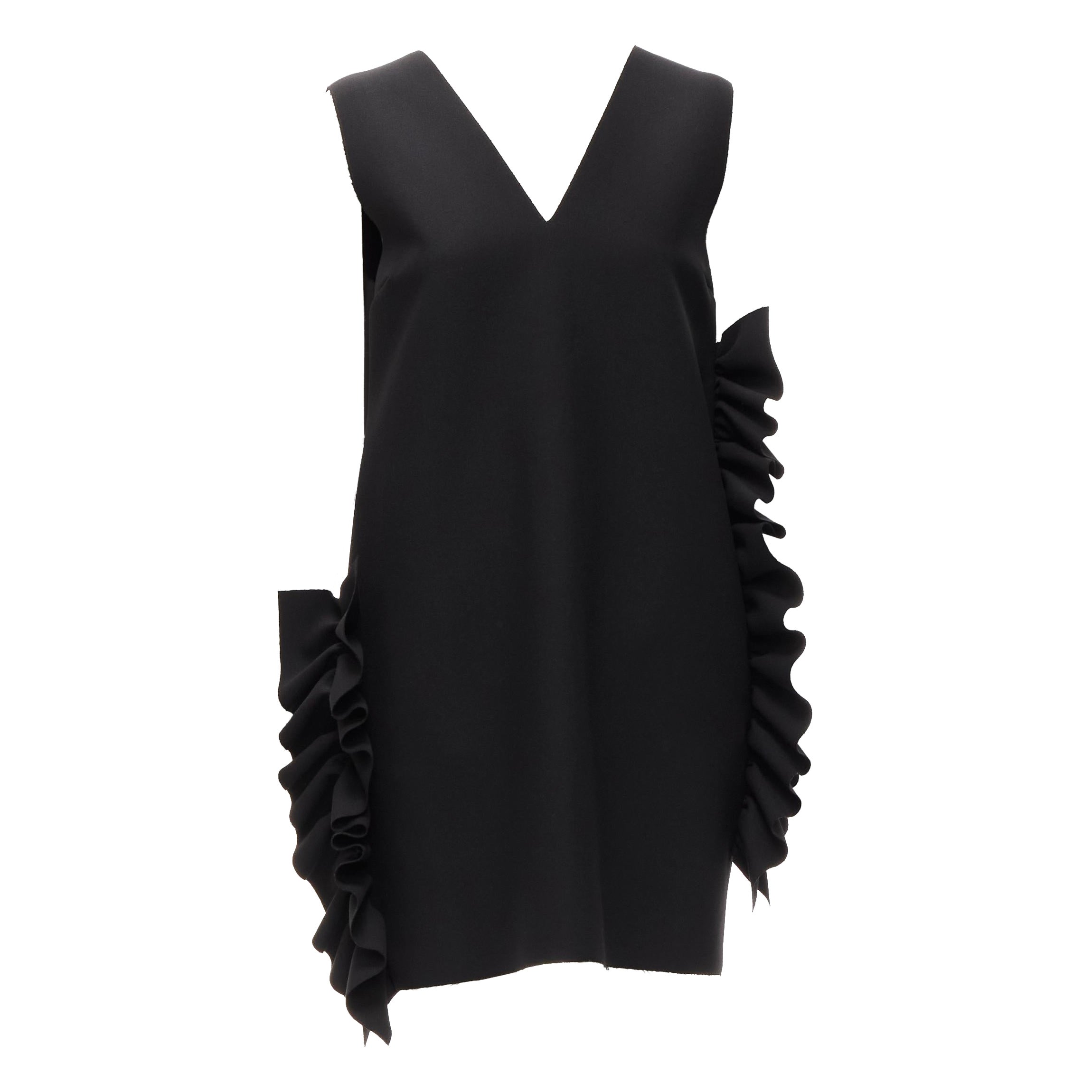 MSGM black structured ruffles V neck logo zip mini dress IT40 S For Sale