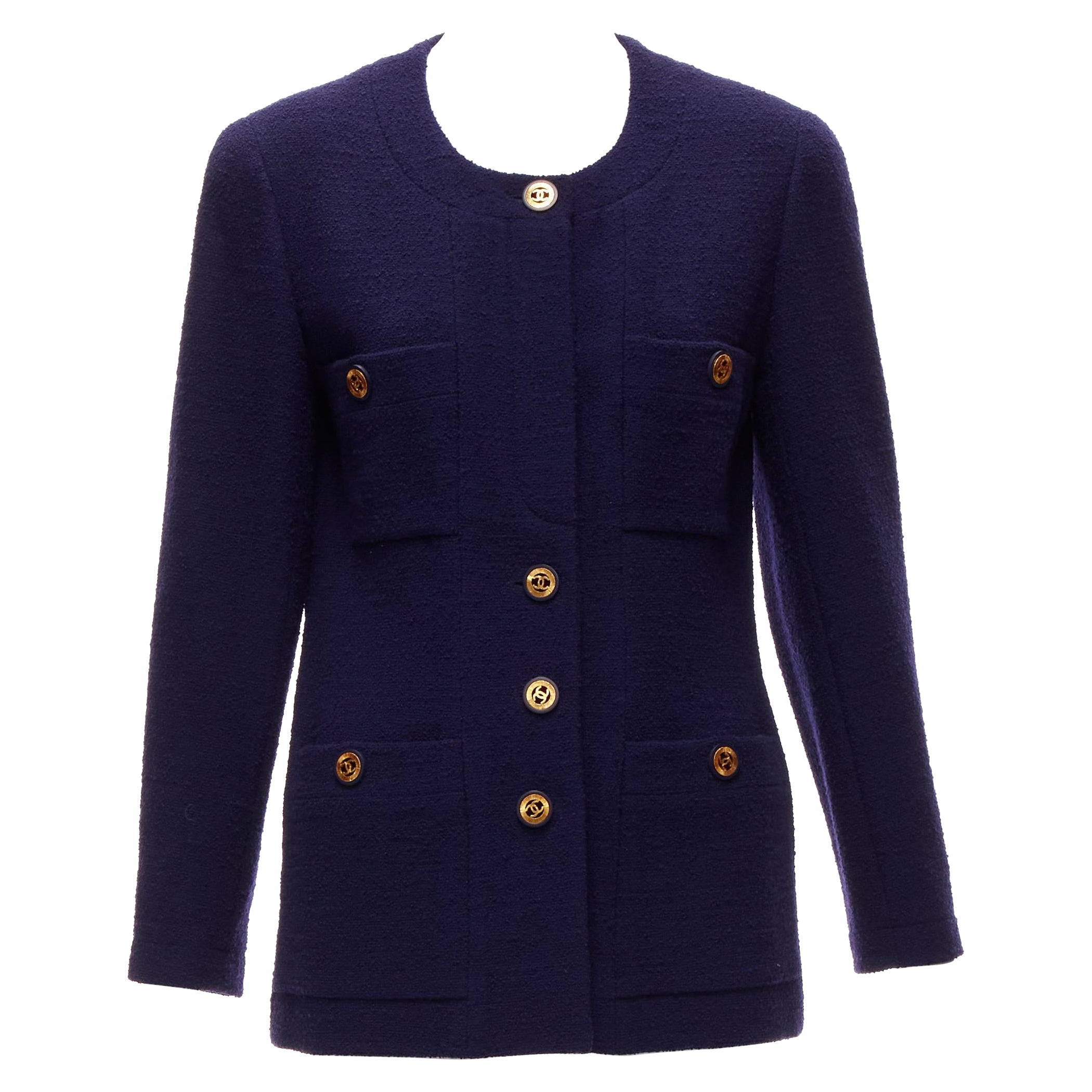 CHANEL Vintage navy blue tweed gold CC buttons 4 pocket jacket For Sale