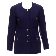 CHANEL Vintage navy blue tweed gold CC buttons 4 pocket jacket