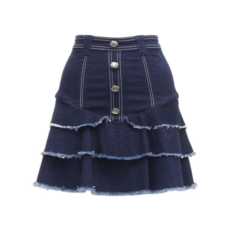 AJE hammered silver buttons blue frayed edge tiered denim skirt UK6 XS