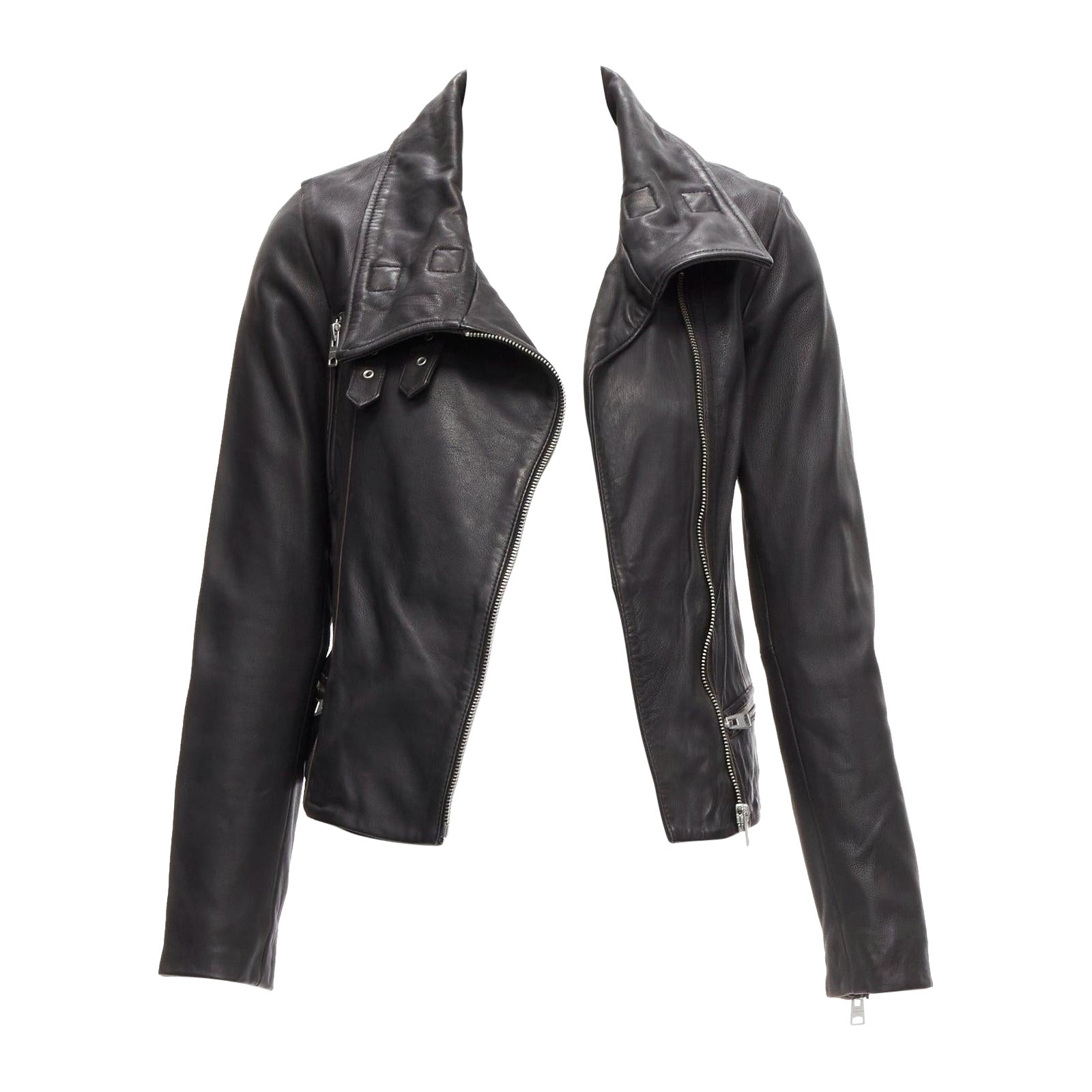 ALL SAINTS Bales black lamb leather buckles funnel collar biker jacket UK6 XS For Sale