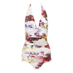 DOLCE GABBANA Beachwear rosso rosa stampa floreale cavezza increspata costume da bagno intero S