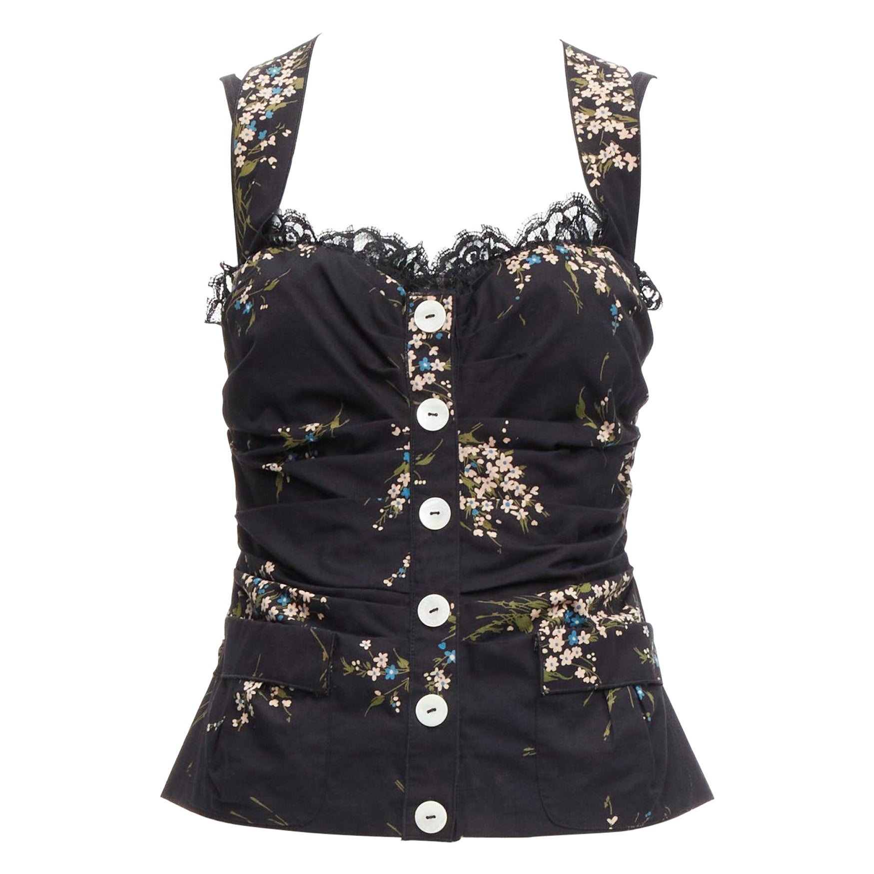 DOLCE GABBANA top corsé negro con estampado floral y espalda cruzada de encaje IT42 M en venta