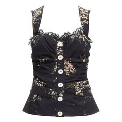 DOLCE GABBANA black floral print cross back lace trim corset top IT42 M
