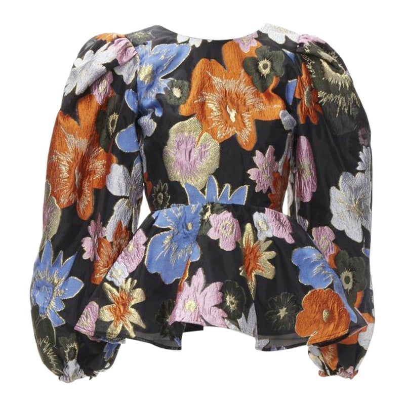 STINE GOYA orange blue floral jacquard peplum balloon sleeves top XS For Sale