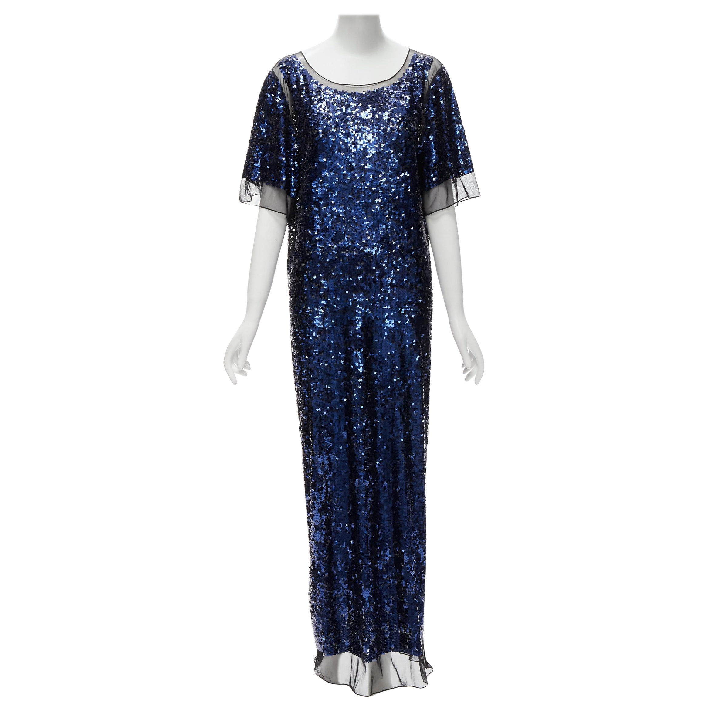 BY MALENE BIRGER blue sequins overlay black sheer evening gown dress M For Sale