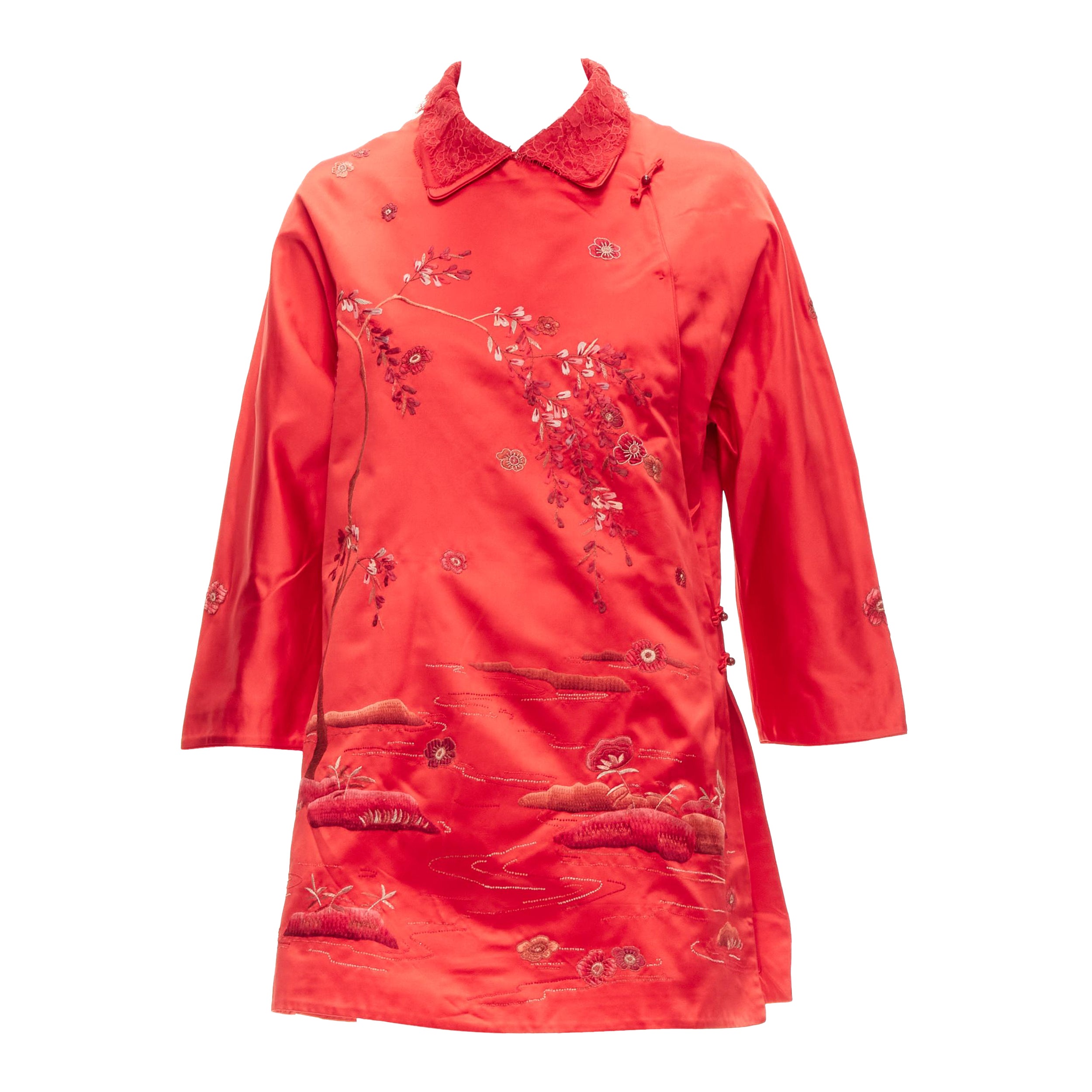 SHIATZY CHEN top qipao in seta rossa con collo in pizzo e ricamo floreale a nuvola IT44 L in vendita