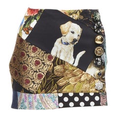 DOLCE GABBANA black colorful dog patchwork jewel embellished mini skirt IT36 XS