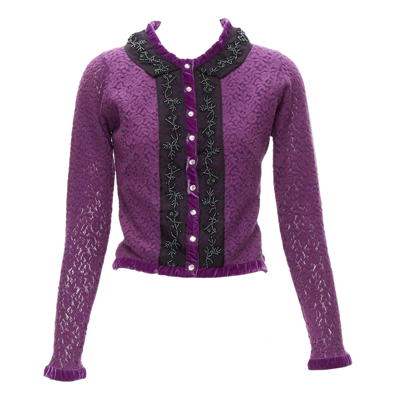 VOYAGE INVEST IN THE ORIGINAL LONDON purple wool black lace velvet cardigan M For Sale