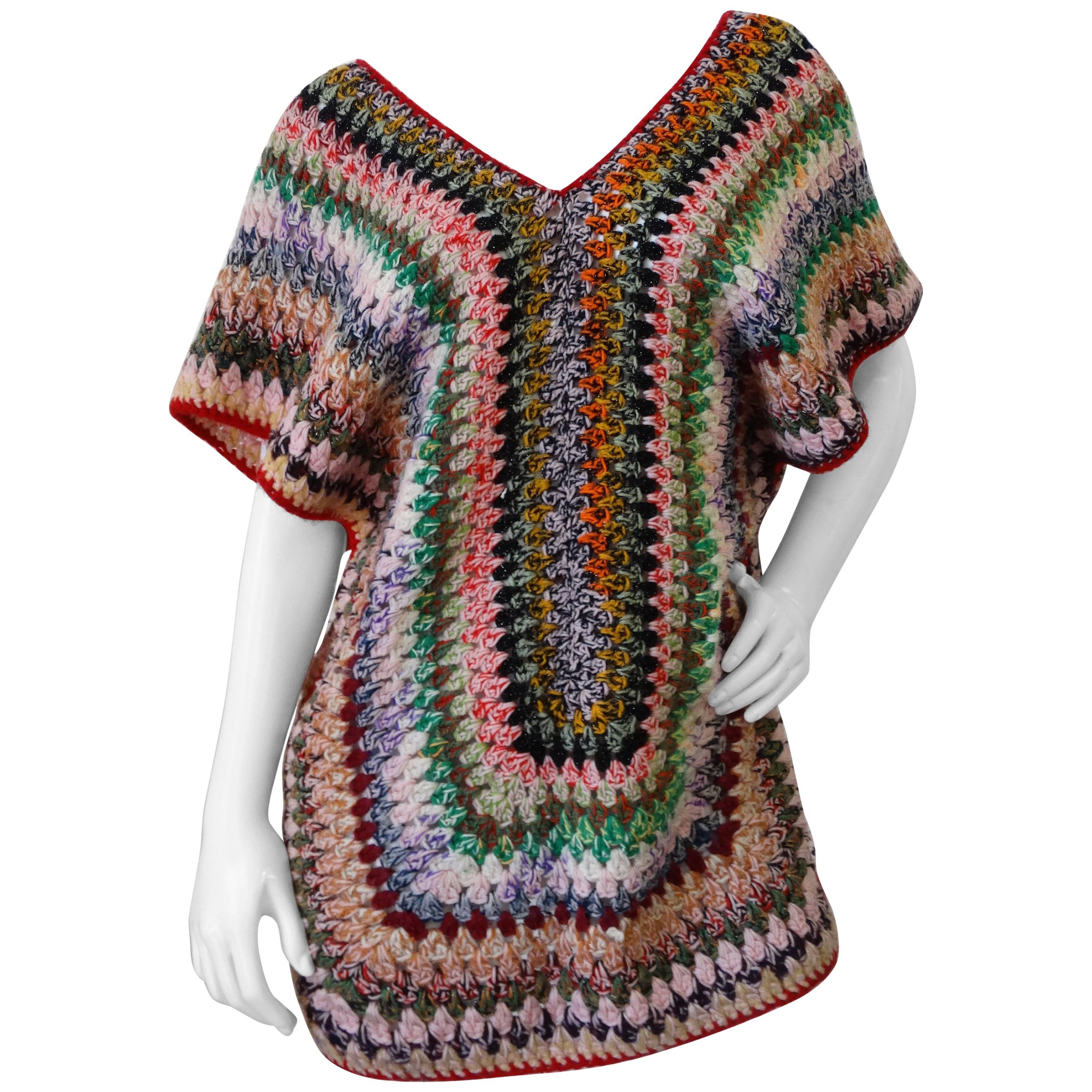 Chic 1970s Bohemian Multicolored Knit Poncho Top