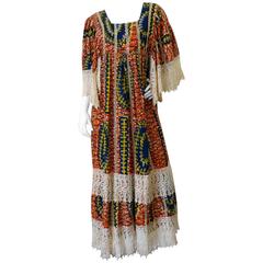 Vintage 1970s African Viscose Batik Maxi Dress with Lace 