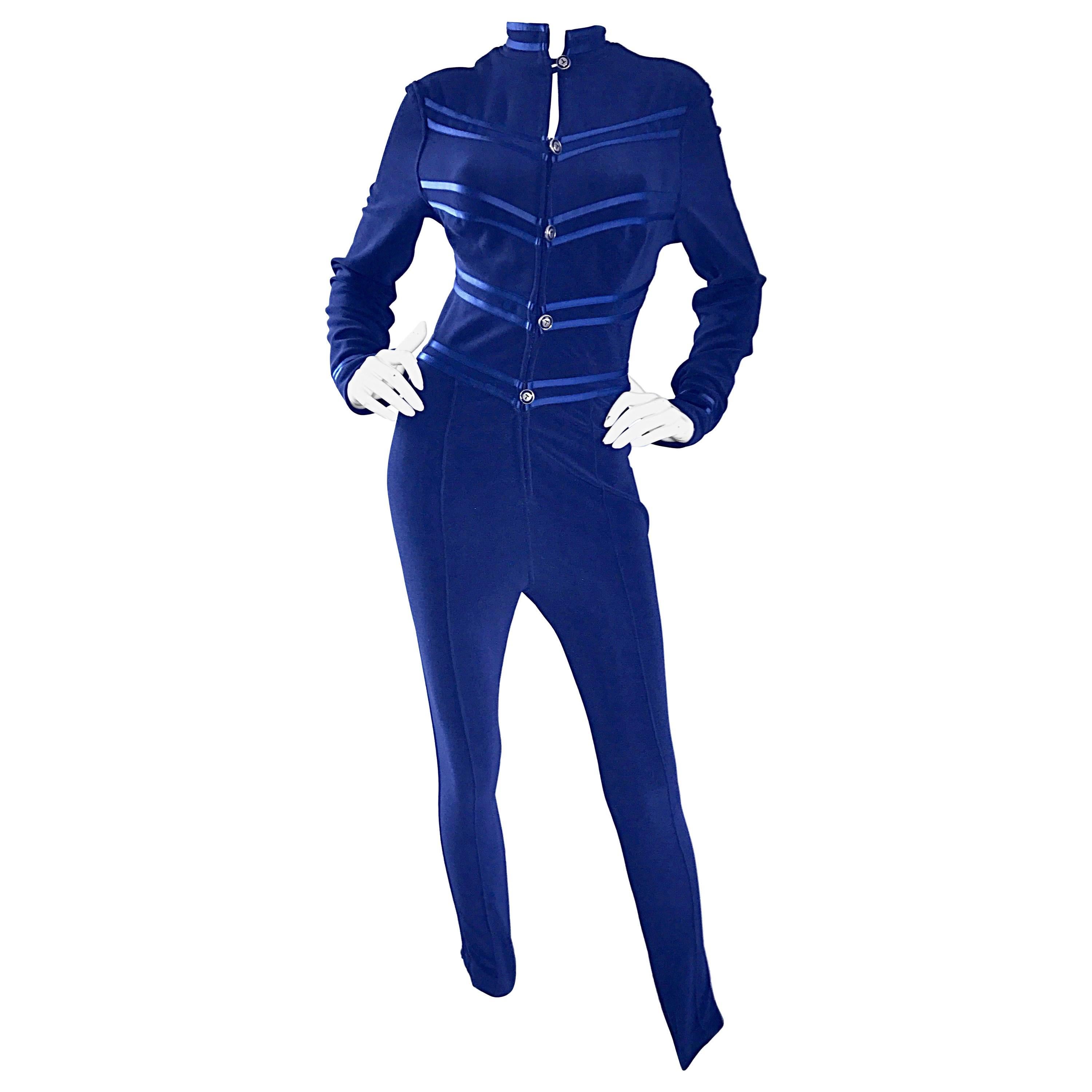 Vintage Tadashi Shoji Early 1990s Navy Blue Military Inspired Stirrup Jumpsuit