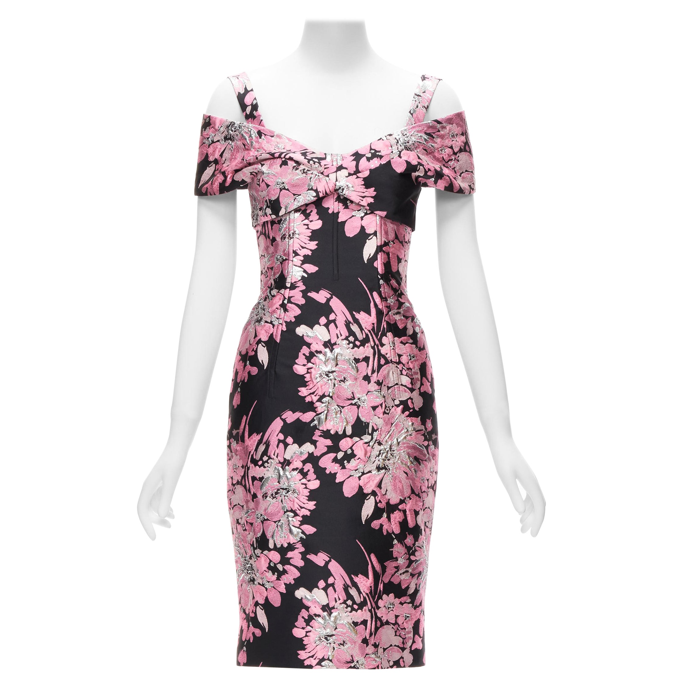 DOLCE GABBANA black pink floral jacquard off shoulder corsetted dress IT36 XXS For Sale