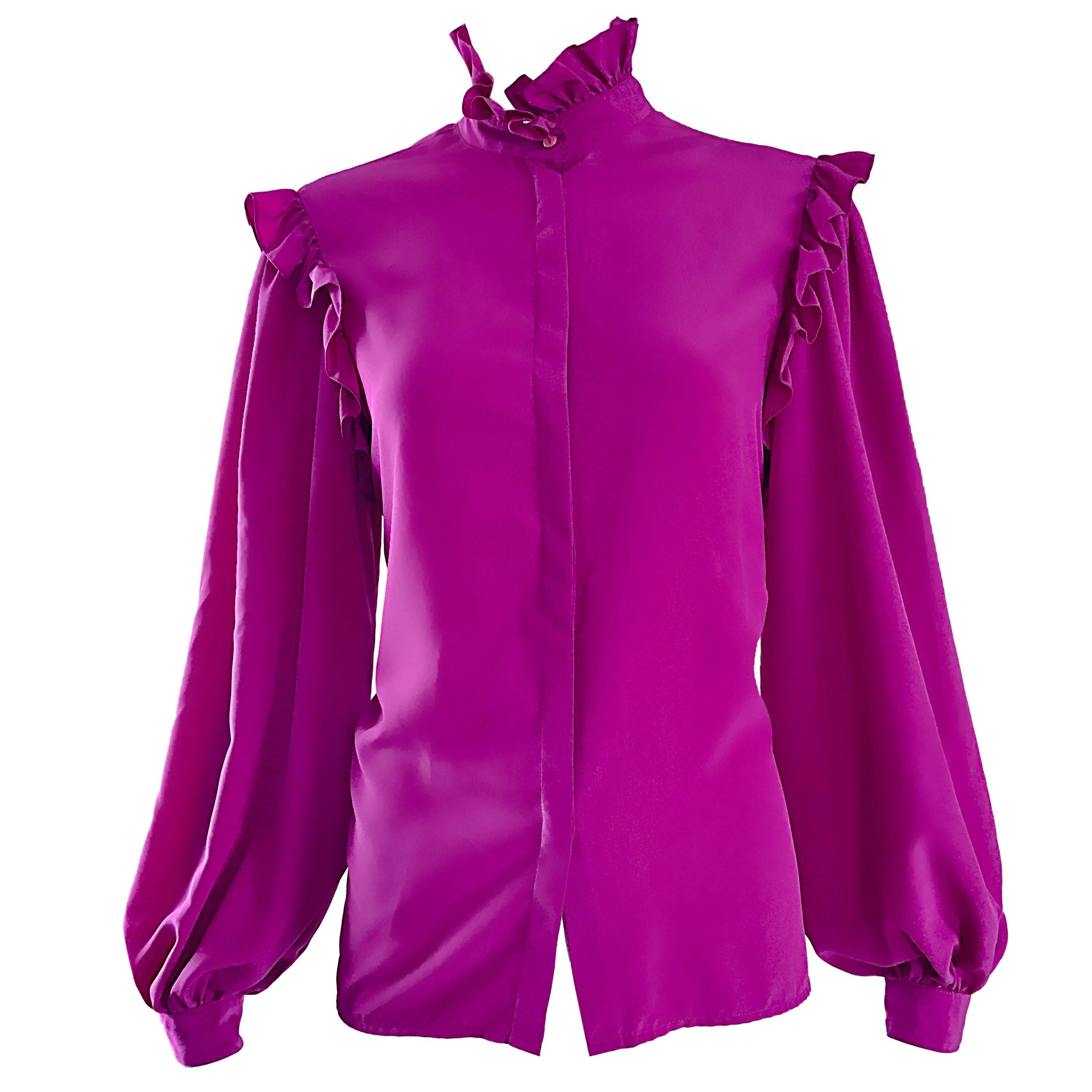 Oscar de la Renta 1970s Magenta Fuchsia Pink Silk Bishop Sleeve Vintage Blouse