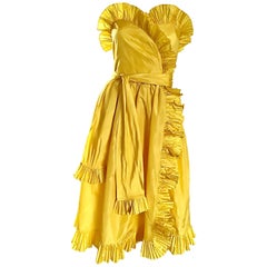 Bill Blass Vintage Canary Yellow Silk Taffeta Ruffle Strapless Dress, 1980s 