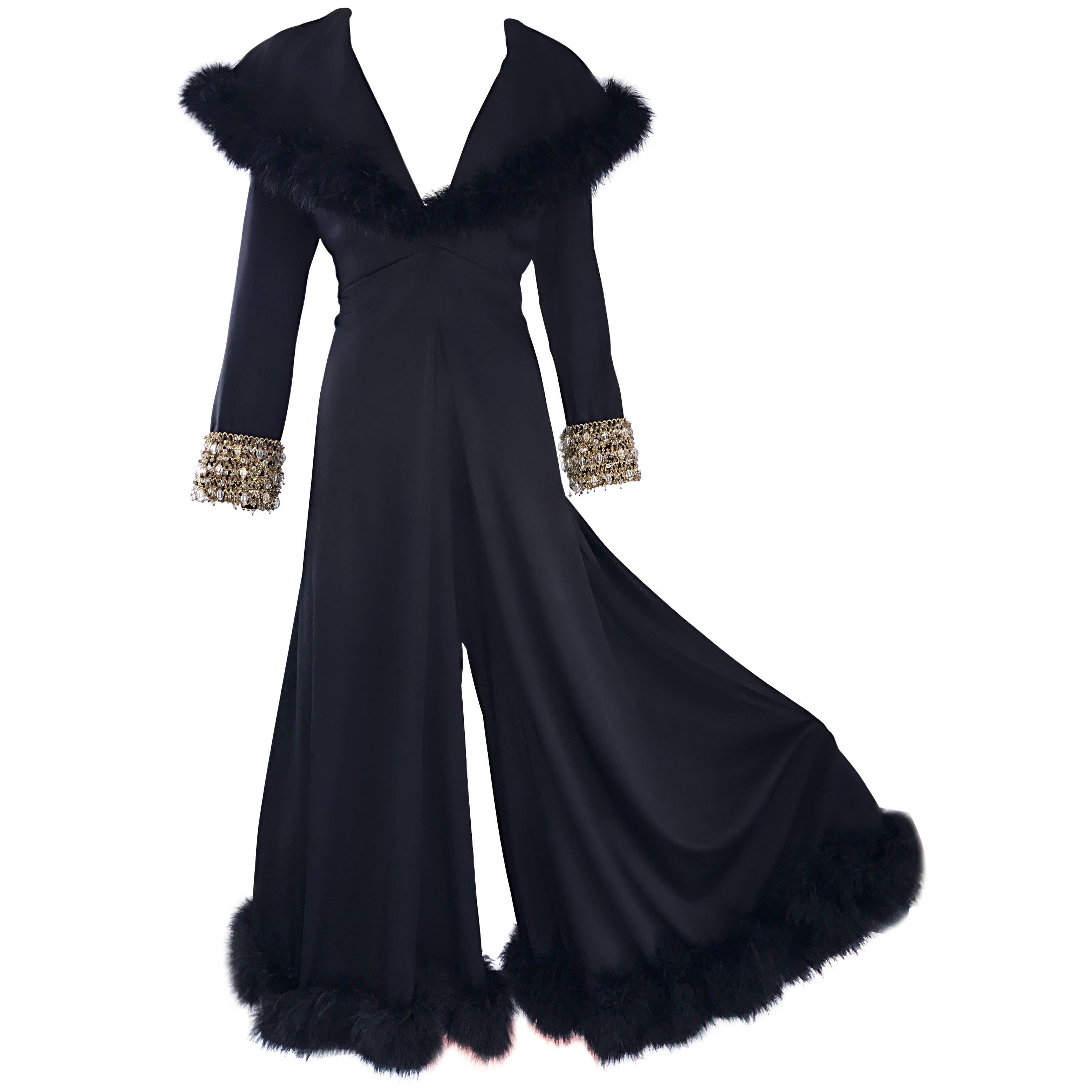 Spectacular 1970s Couture Black Jersey + Feathers Wide Leg Palazzo Jumpsuit 70s