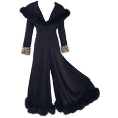 Retro Spectacular 1970s Couture Black Jersey + Feathers Wide Leg Palazzo Jumpsuit 70s