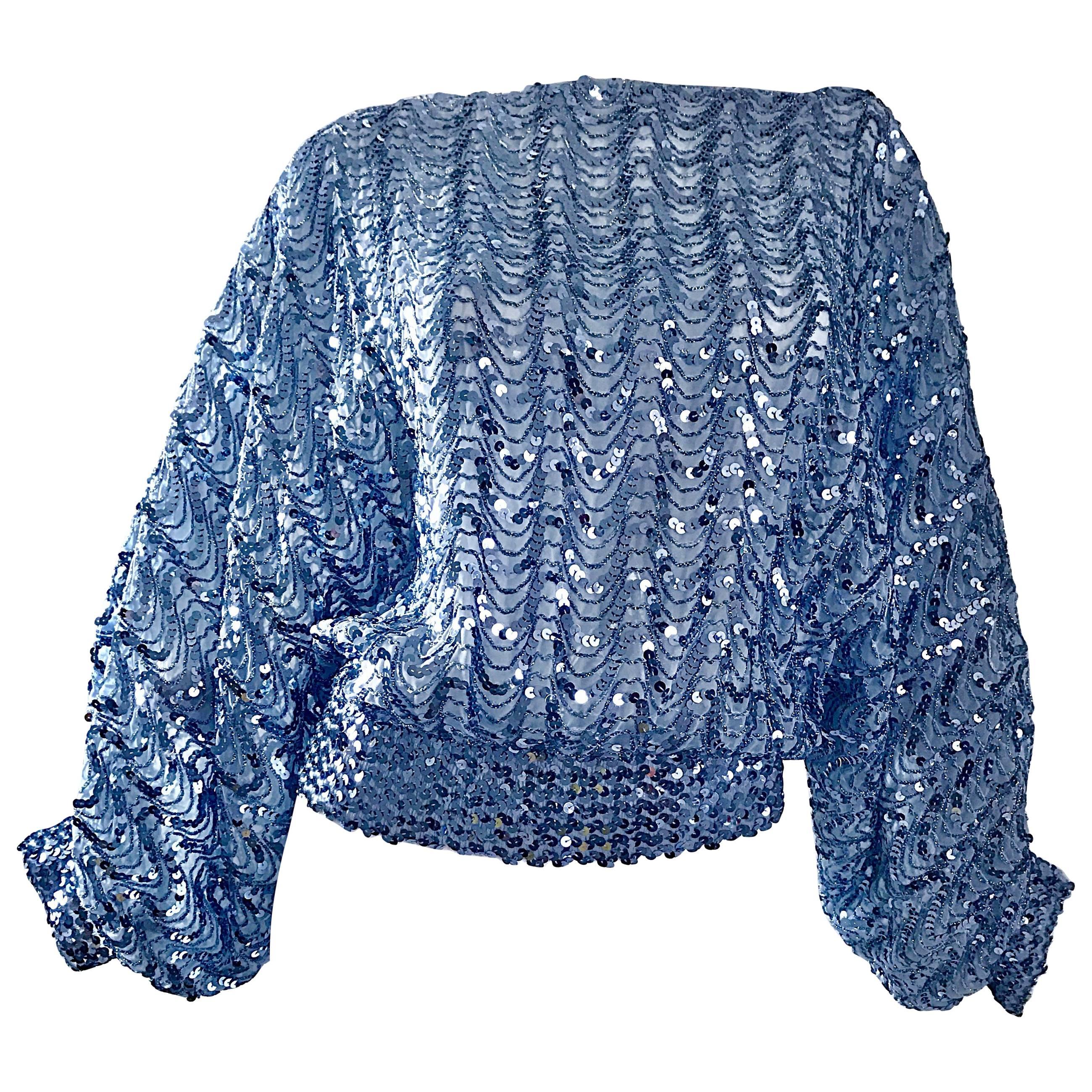 Amazing Vintage Jeanette Kastenberg for St Martin Ice Blue Sequin Silk Disco Top For Sale