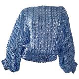 Incroyable haut disco vintage Jeanette Kastenberg pour St Martin en soie bleu glace à paillettes