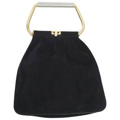 Vintage Black Suede Bag with Metal Handle