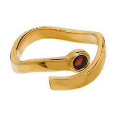 Adjustable Wave Ring with Cognac Baltic Amber  Gold-Plated Open Ring  Size 6.5