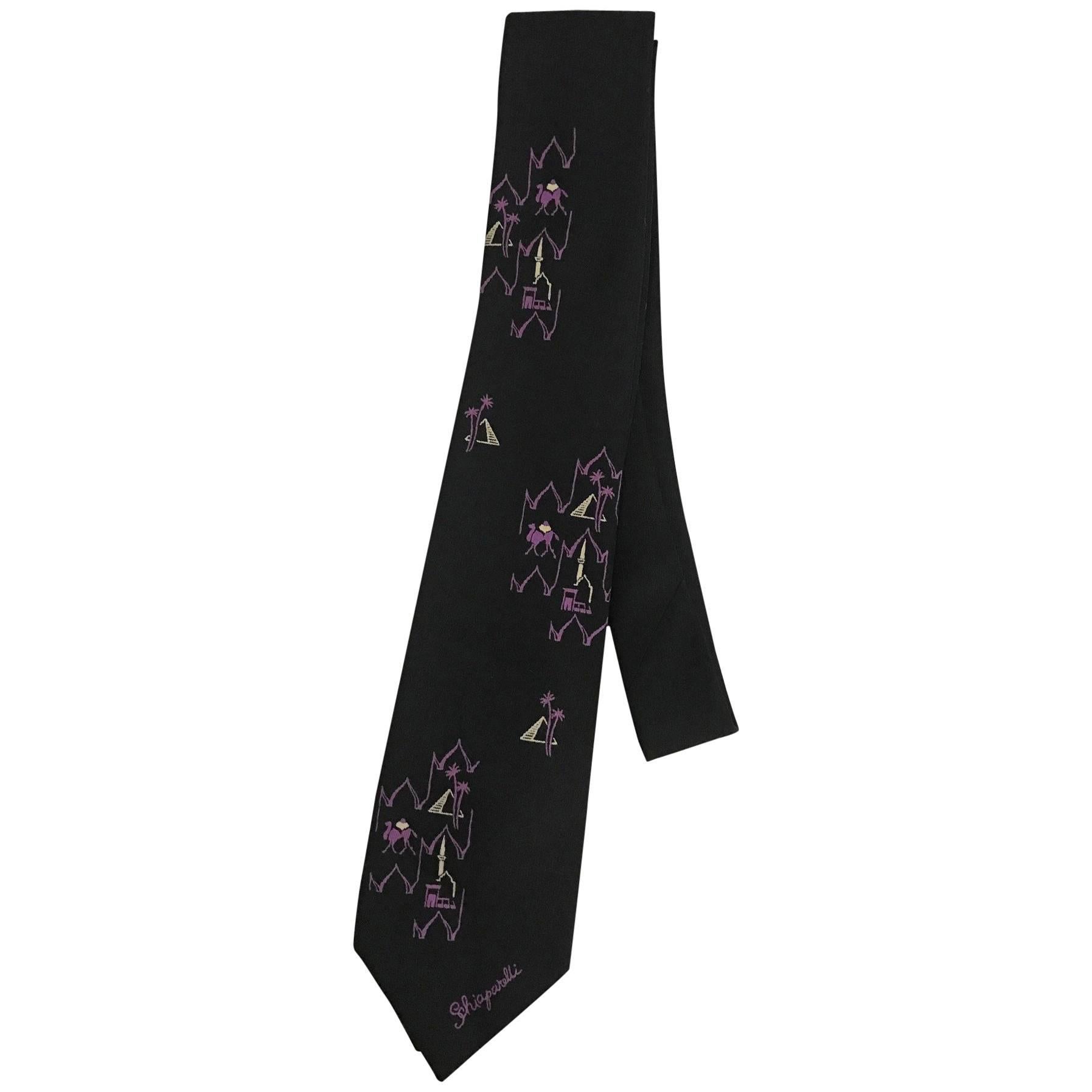 Schiaparelli Vintage 1950s Black and Purple Camel Egypt Pyramid Silk Neck Tie