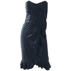 Retro Albert Nipon 1990s Black Polka Dot Origami Strapless Silk Dress Size 6