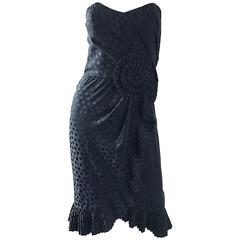 Vintage Albert Nipon 1980s Black Polka Dot Origami Strapless Silk Dress Sz 4 / 6 2