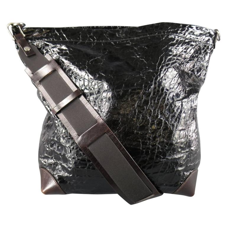 MARNI Black Patent Coated Textured Brown Leather Strap Tote Bag at