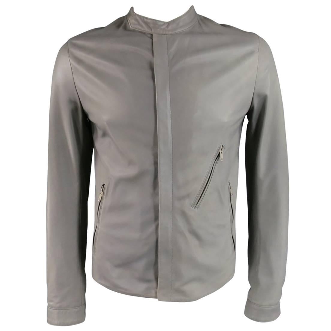 Men's DOLCE & GABBANA 38 Light Gray Leather Hidden Placket Moto Jacket
