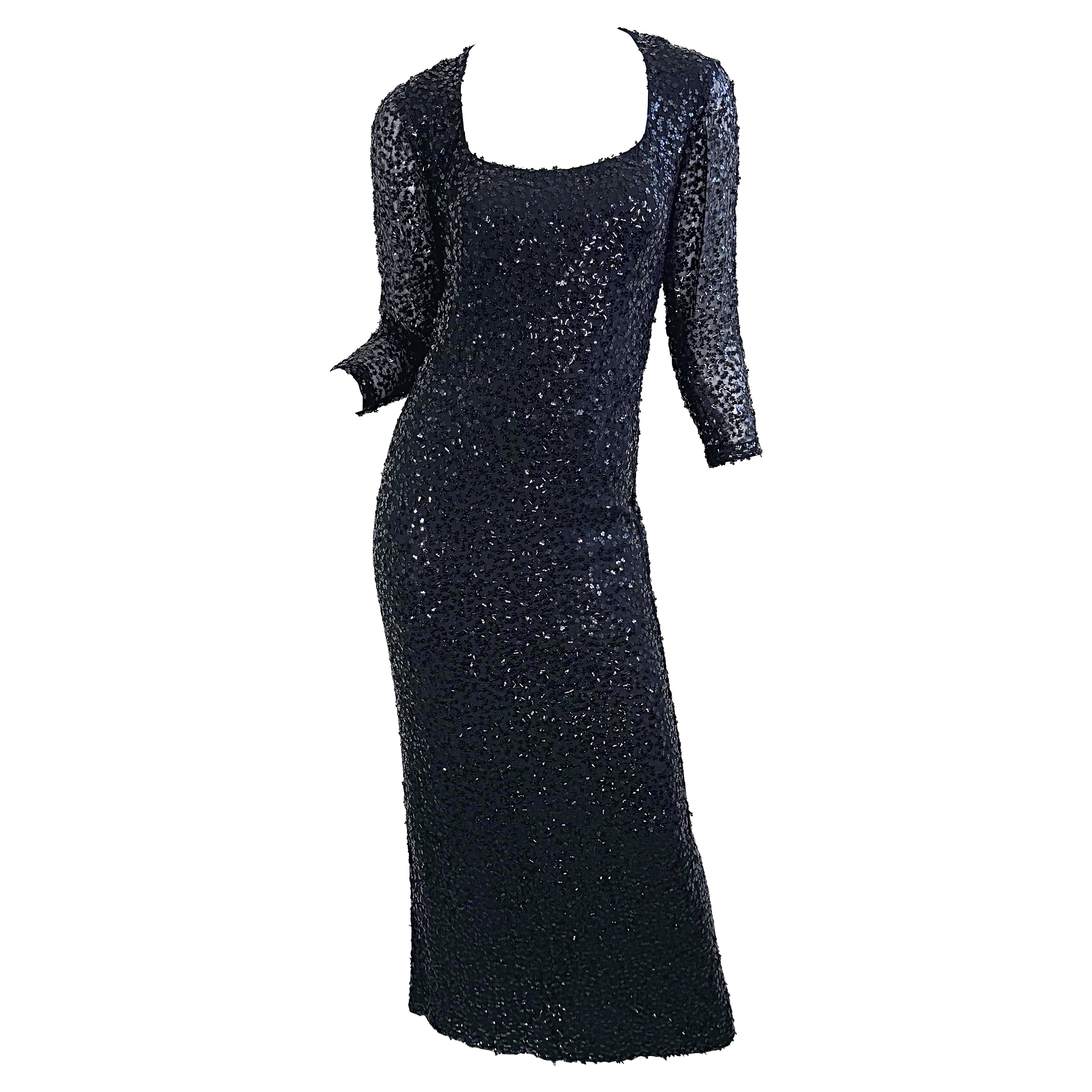 1950s Ceil Chapman Size 6 Black Silk Chiffon Fully Sequined Long Sleeve Gown 50s For Sale