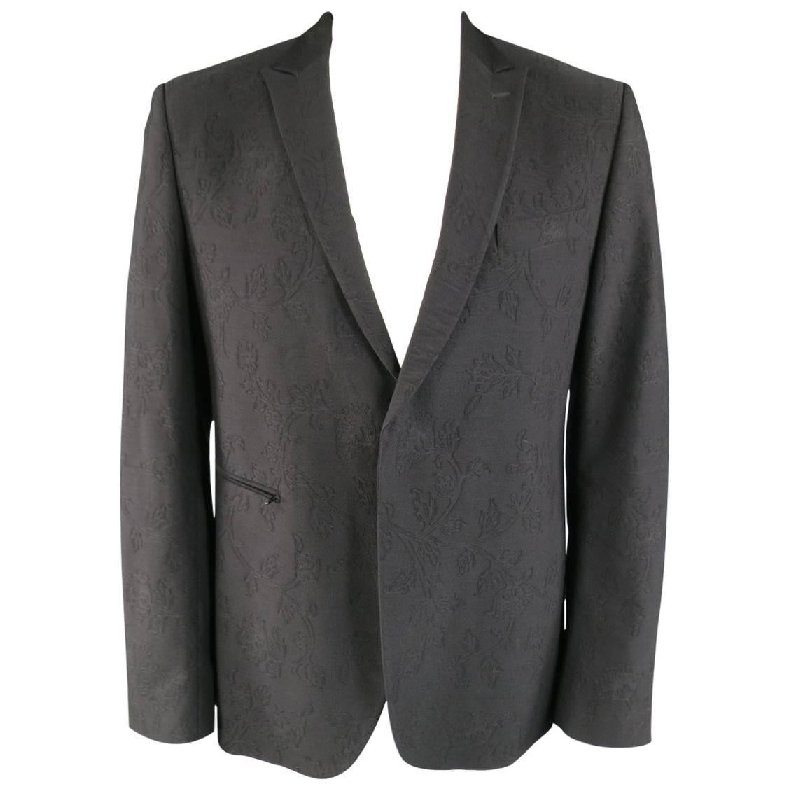 CoSTUME NATIONAL 44 Black Floral Brocade Wool Peak Lapel Sport Coat Jacket