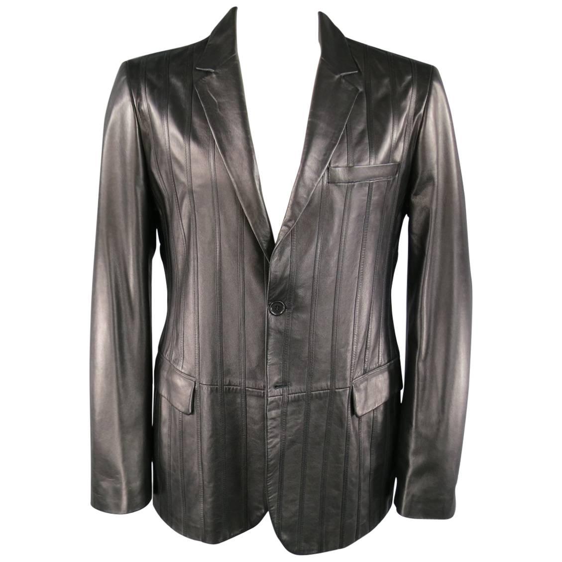 Men's VERSUS by VERSACE 44 Black Stripe Leather Sport Coat Jacket