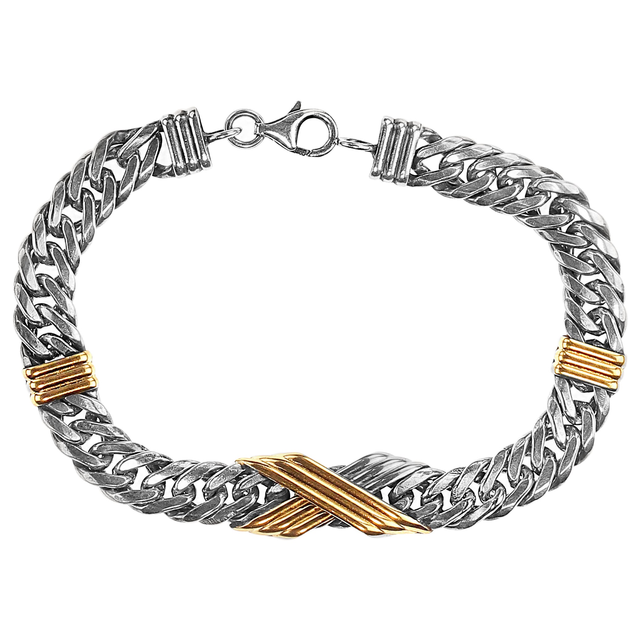Artisan AJD Men's Sterling Silver Link Bracelet with Goldy Bars 7.5 Inches For Sale