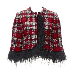 HALPERN 2022 Rot karierte schwarze Tweed-Jacke mit Federbesatz FR34 XS