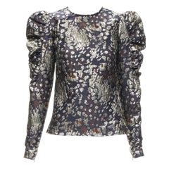 MALENE BIRGER camicetta da sera con maniche a sbuffo in jacquard nero oro FR34 XS