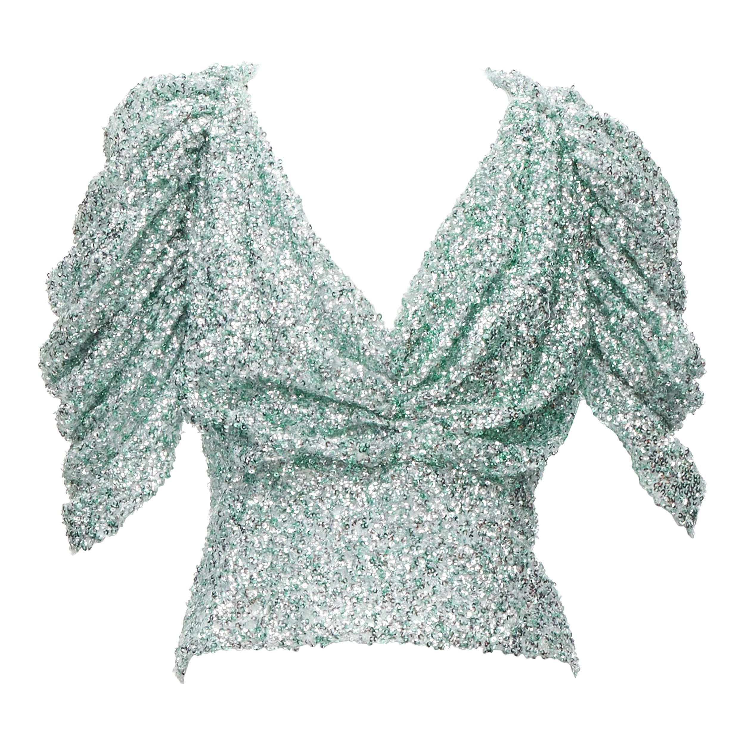 HALPERN - Haut à manches bouffantes en V profond avec sequins argentés vert écume de mer FR36 XS en vente