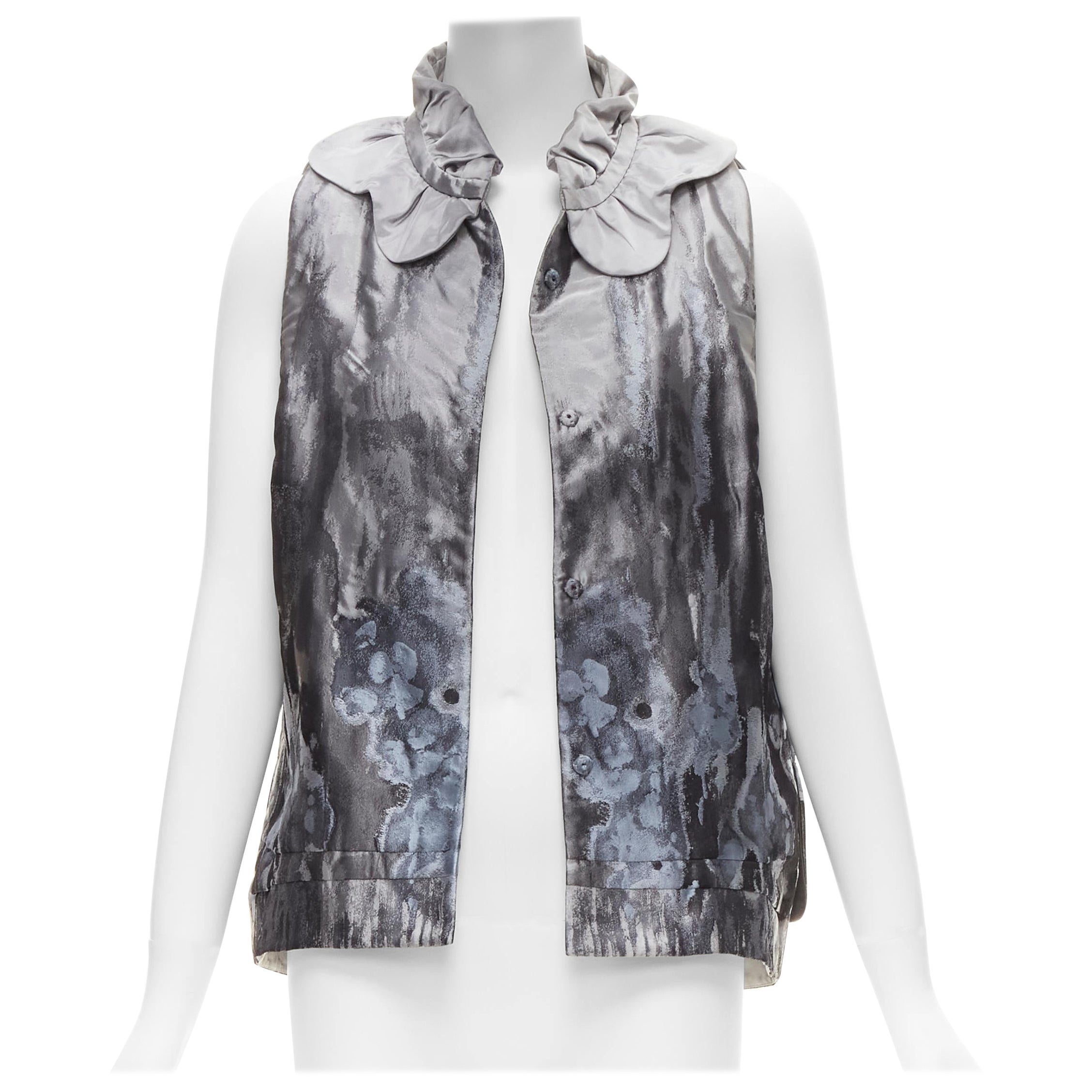SHIATZY Chen gilet con collo a smerlo in broccato floreale astratto grigio IT44 L. in vendita