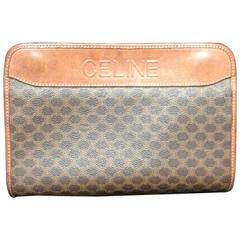 Retro CELINE brown macadam blason pattern cosmetic, toiletry purse. Clutch bag