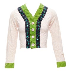 VOYAGE INVEST IN THE ORIGINAL LONDON grüner Samt rosa Spitze Perlen Jacke M