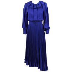 1980s André Laug Blue Silk Draped Dress