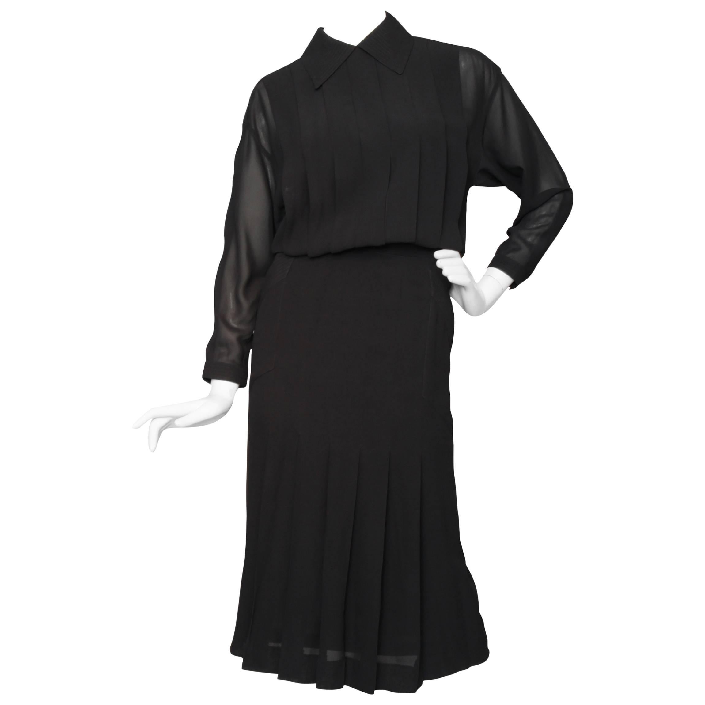 A1990s Black Pleated Chanel Silk Dress