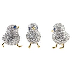 Vintage 3 Bird Chicks Sparkling Crystal Golden Brooch Pins