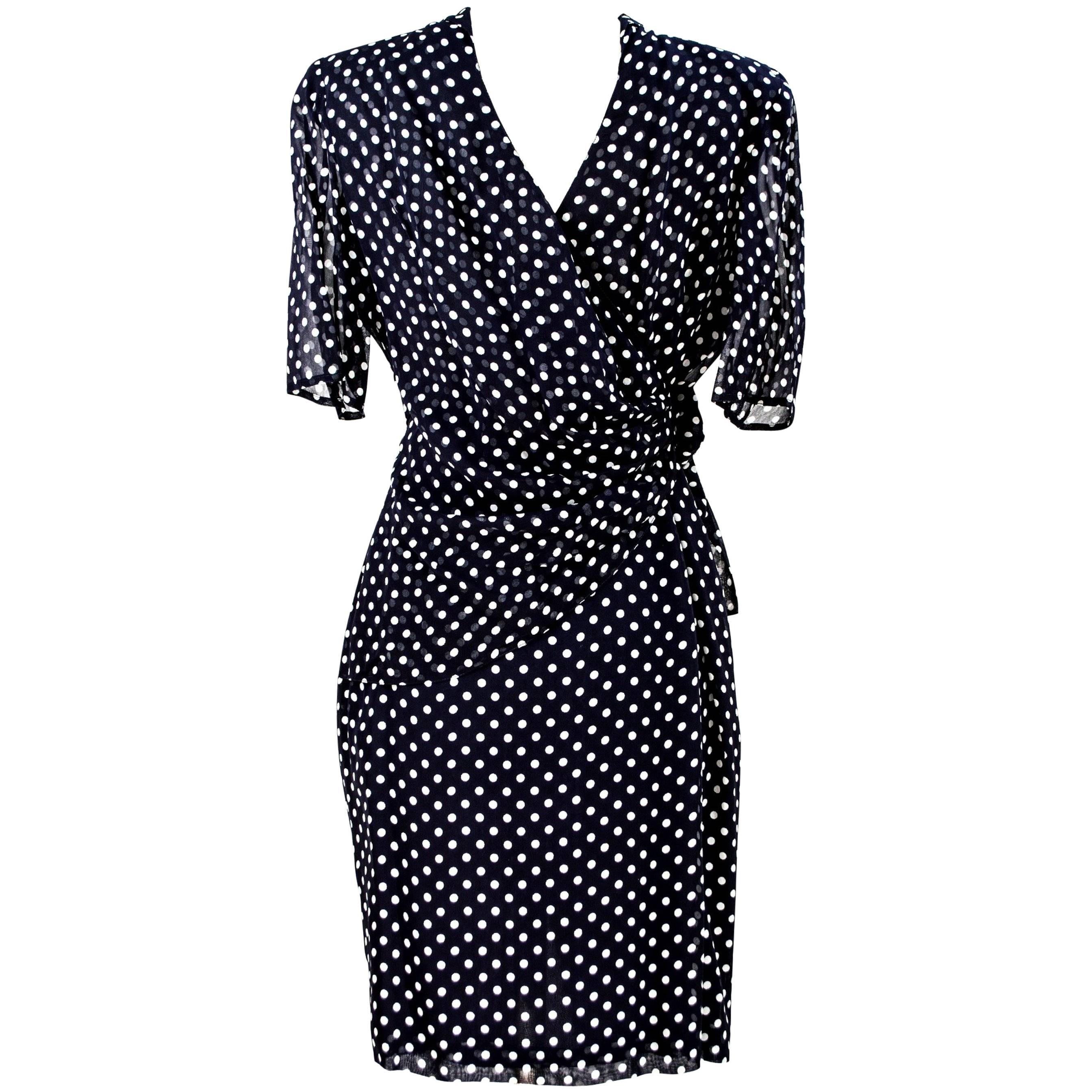 Gianfranco Ferrè 1980s vintage polka dot dress pois woman blue silk size 44