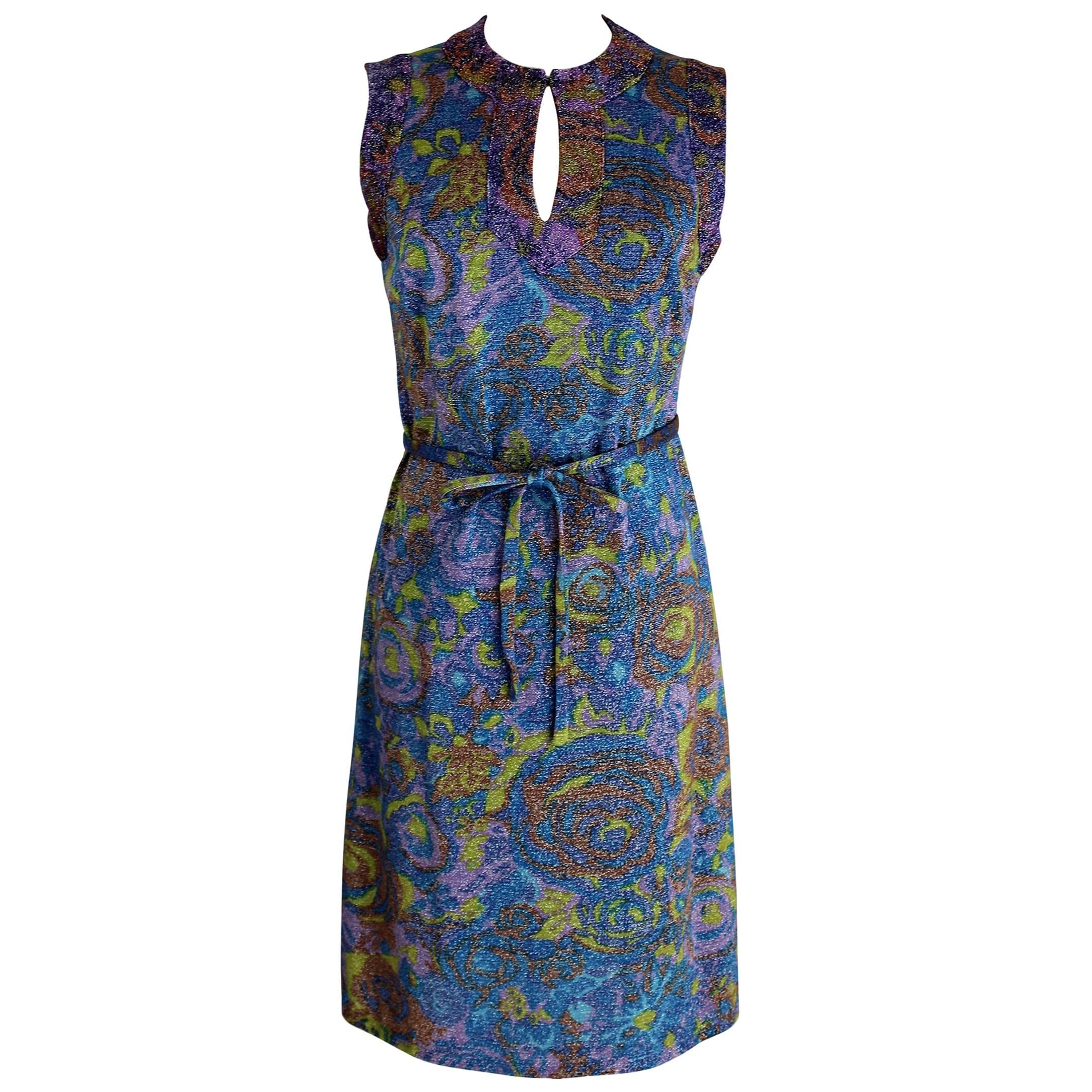 Sorelle Fontana gleaming metallic floral blue wool sleeveless dress, 1960s  For Sale