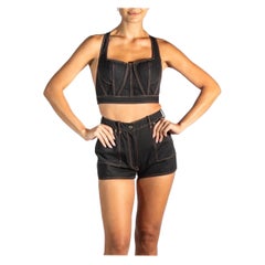 1990S AZZEDINE ALAIA Black Cotton Denim Iconic Bra-Top & Shorts Romper XXS SMAL