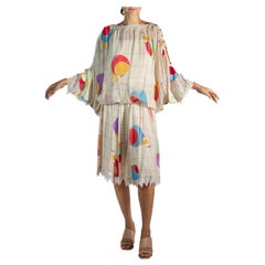 1980S Karl Lagerfeld for Chloe Memphis en mousseline de soie crème imprimé géométrique moderniste