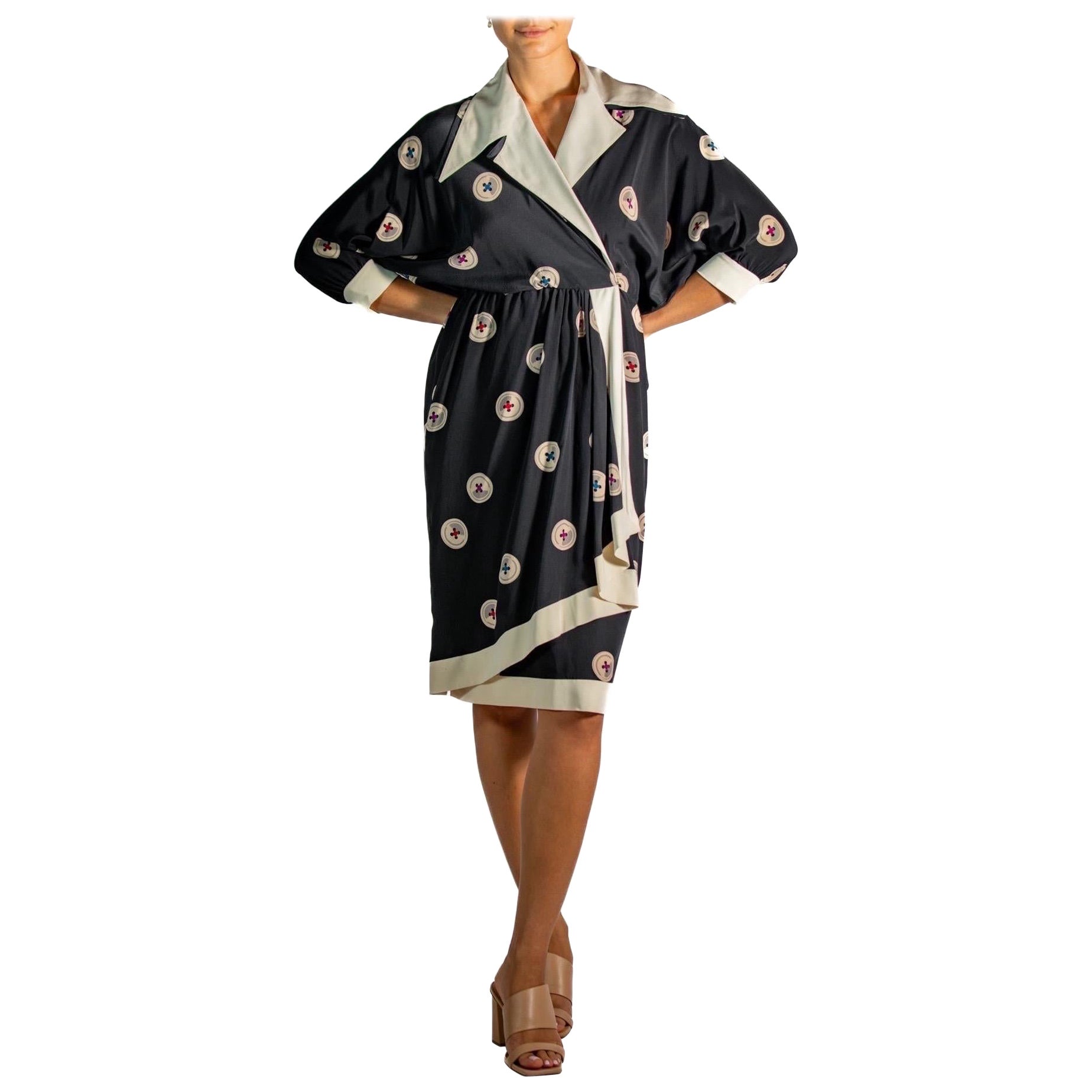 1980S Karl Lagerfeld for Chloe Nero e Bianco in seta Crepe De Chine Famoso bottone Prins