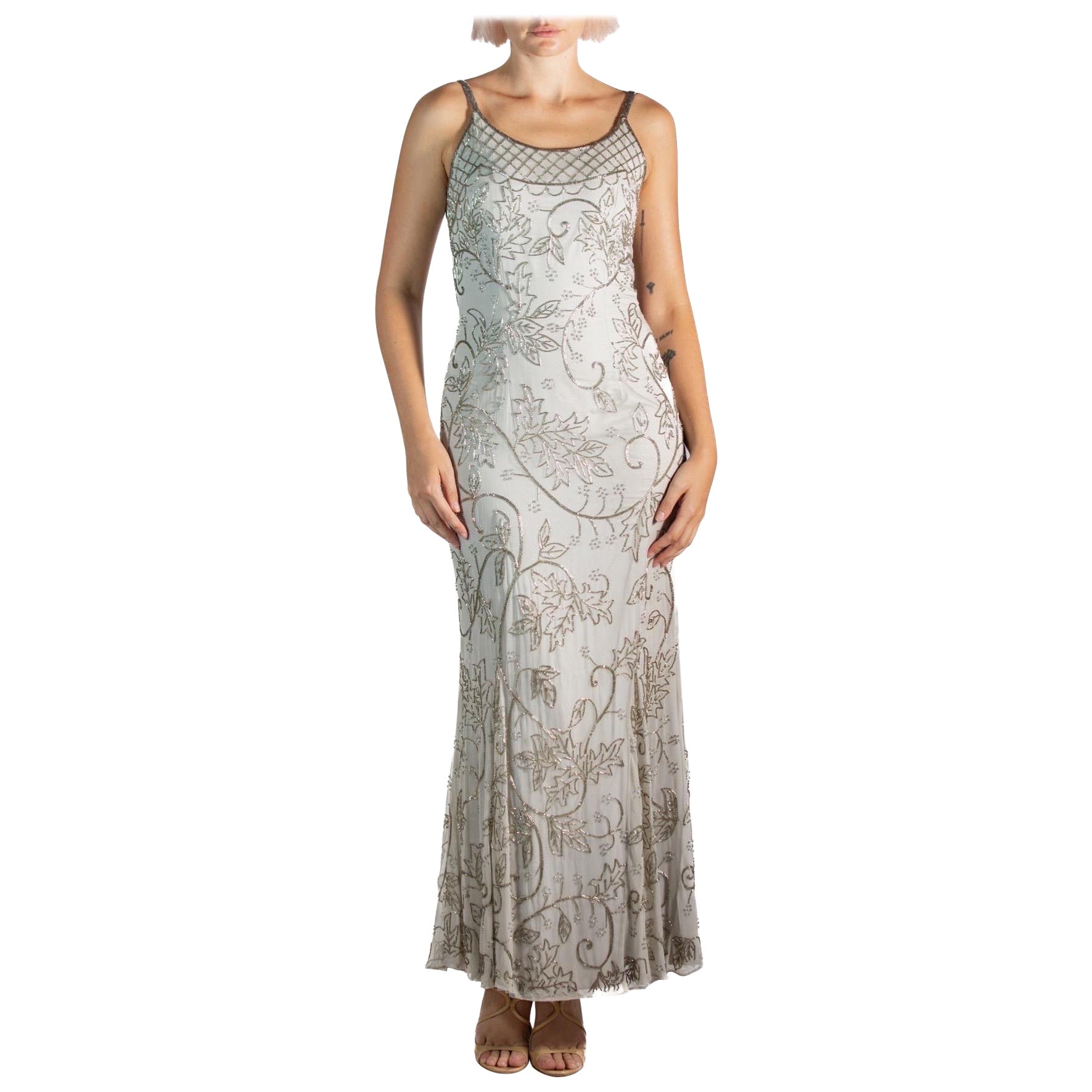 1990S Grey Silk & Rayon Chiffon Silver Beaded Gown For Sale