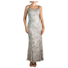 1990S Grey Silk & Rayon Chiffon Silver Beaded Gown
